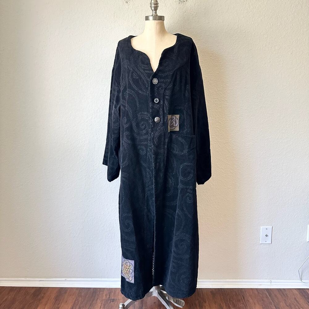 VTG BLUE FISH Coat Black Upholstery Swirl Cotton Duster Lagenlook USA
